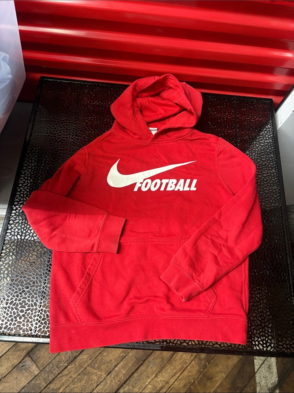 Nike football, long sleeve hoodie, kangaroo pocket size, large youth? Check meas